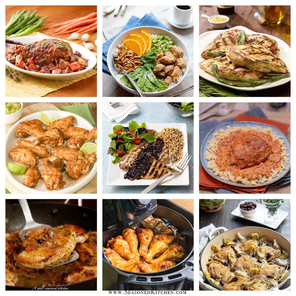 collage of 9 photos showing various ways to make chicken.