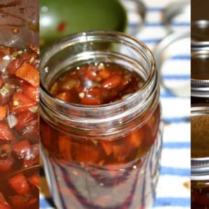 collage of three photos of tomato topping - cooking, in an open jar, in closed jars.
