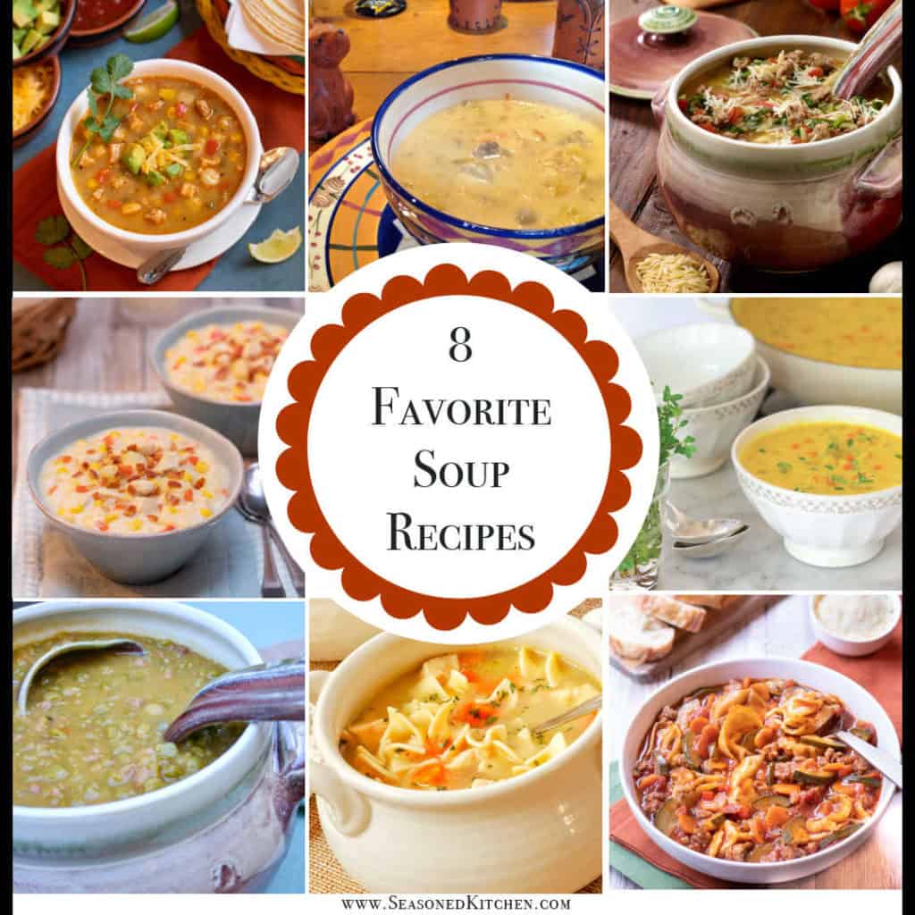 collage of 8 main dish soups formatted for sharing