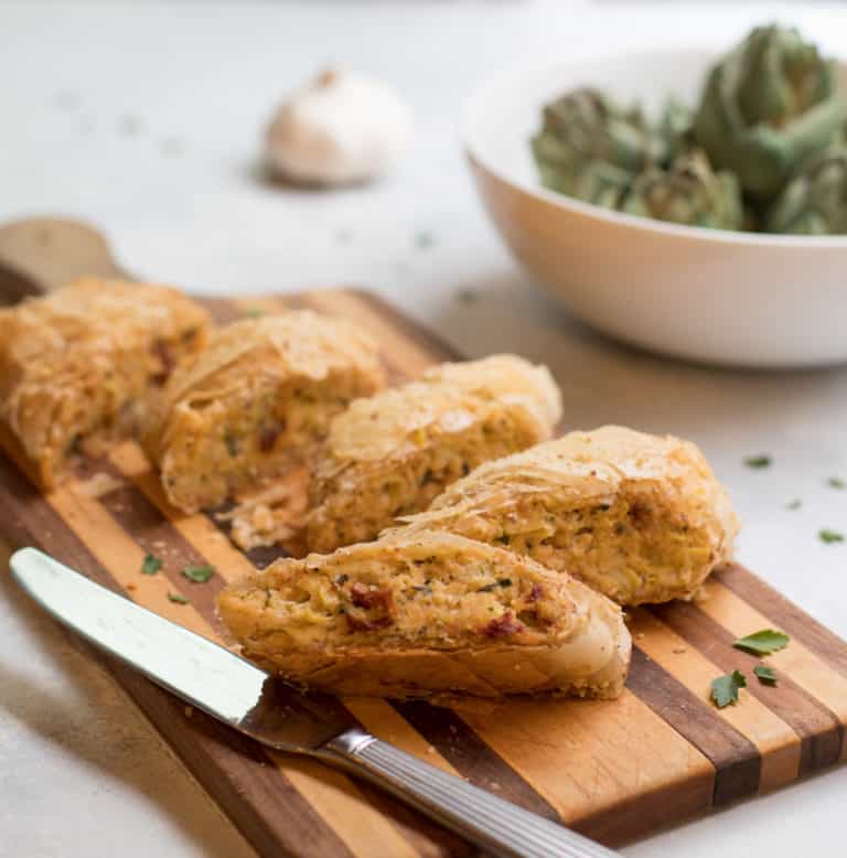 Slices of Artichoke and Sundried Tomato Phyllo Strudel