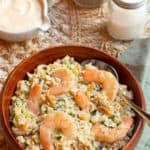 brown bowl filled with Asian Shrimp and Brown Rice Salad