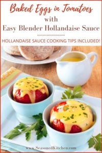 Pin of Baked Eggs in Tomatoes with Blender Hollandaise Sauce, to share on Pinterest