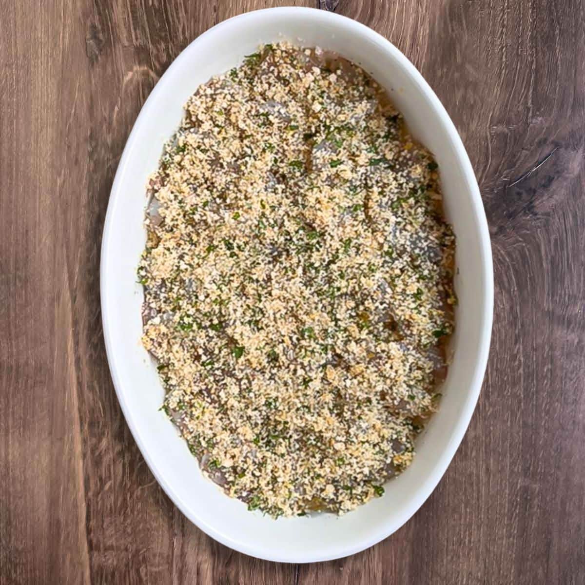 Breadcrumb topping added on top of the shrimp.