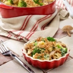small red dish with broccoli,mushroom, spinach and cheese pasta with larger pot in the background