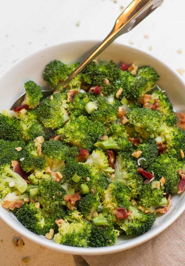 overhead shot of large bowl filled with Broccoli with Bacon