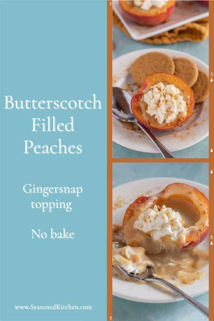 photo of single serving butterscotch filled peaches formatted for sharing on social media