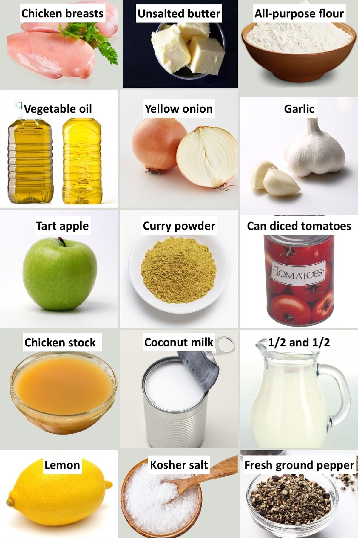 Ingredients for chicken curry with coconut milk recipe, including chicken, curry powder, coconut milk, onions, garlic, apple, tomatoes, lemon, and spices.