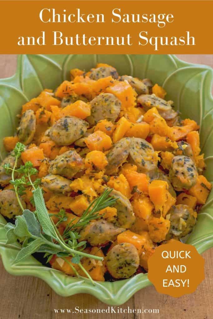 oval green baking dish filled with Chicken Sausage and Butternut Squash