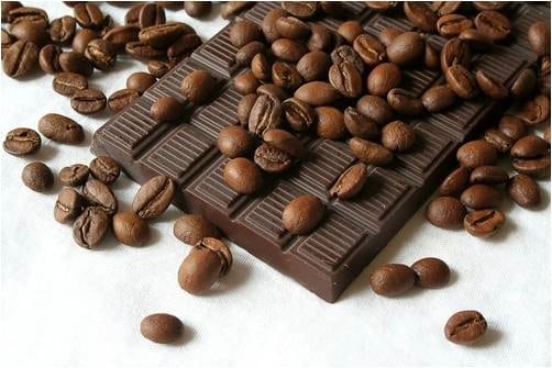dark chocolate bar with cocoa beans on top.
