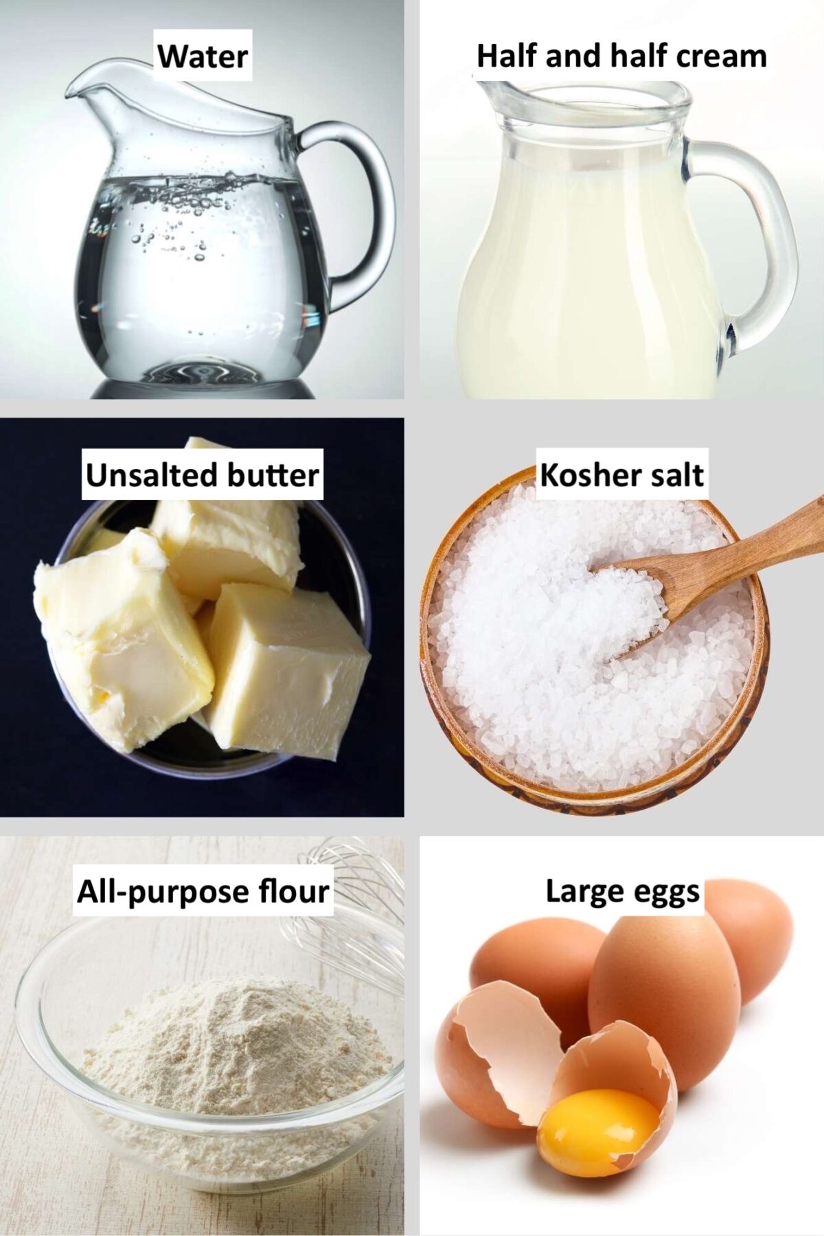 collage of the ingredients in choux pastry