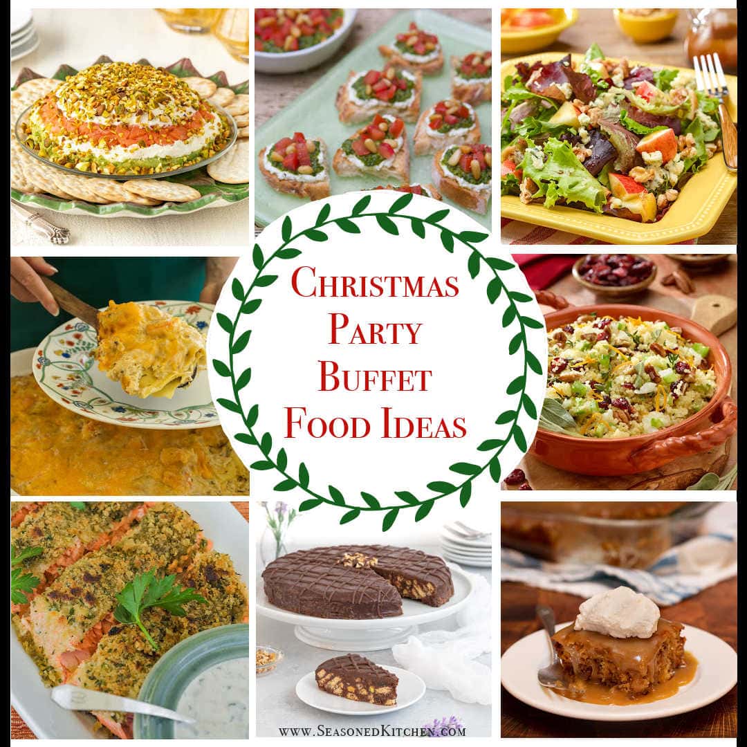 Collage of 8 recipe photos that are some of the 50 recipes included in this post on christmas party buffet ideas