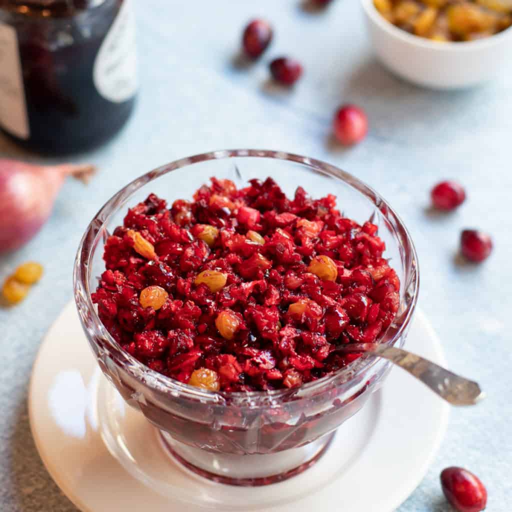 bowl of cranberry and golden raisin relish