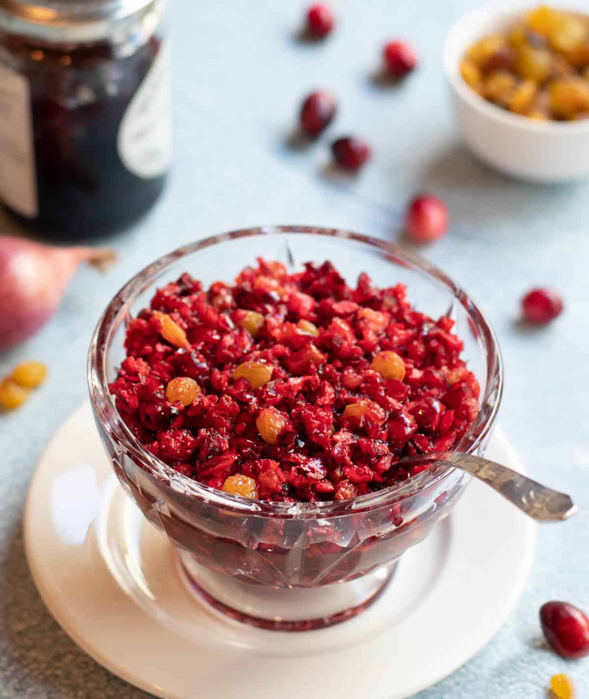 glass bowl of cranberry and golden raisin relish