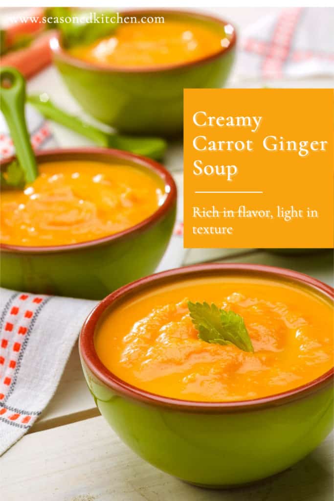 bowls showing 3 servings of Creamy Carrot Soup, formatted for sharing on social media