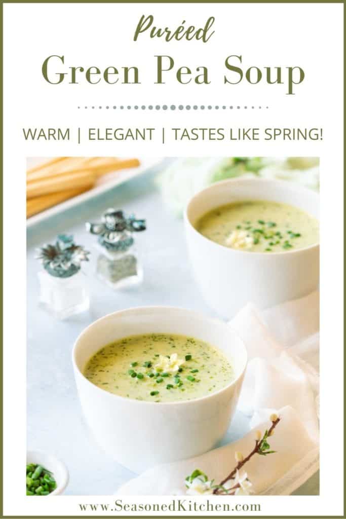 photo of green pea soup reformatted for sharing on Pinterest