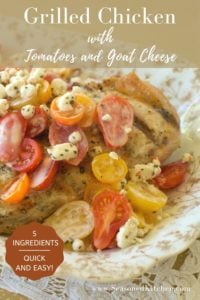 Pin of Grilled Chicken with Tomatoes and Goat Cheese, for sharing on Pinterest