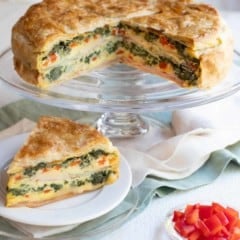 Ham, Cheese and Spinach Torte with piece in front