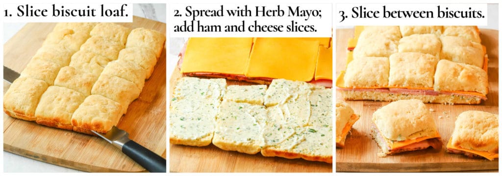 collage of 3 photos showing how to assemble Ham Biscuit Sandwiches