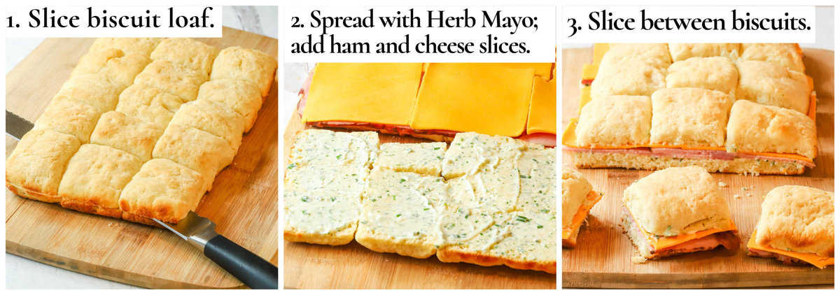 collage of 3 photos showing how to assemble Ham Biscuit Sandwiches.
