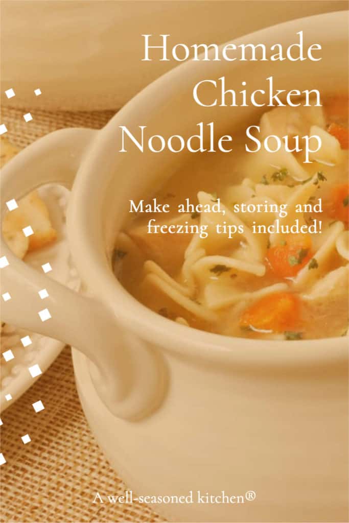 white bowl showing Homemadde Chicken Noodle soup, formatted for sharing