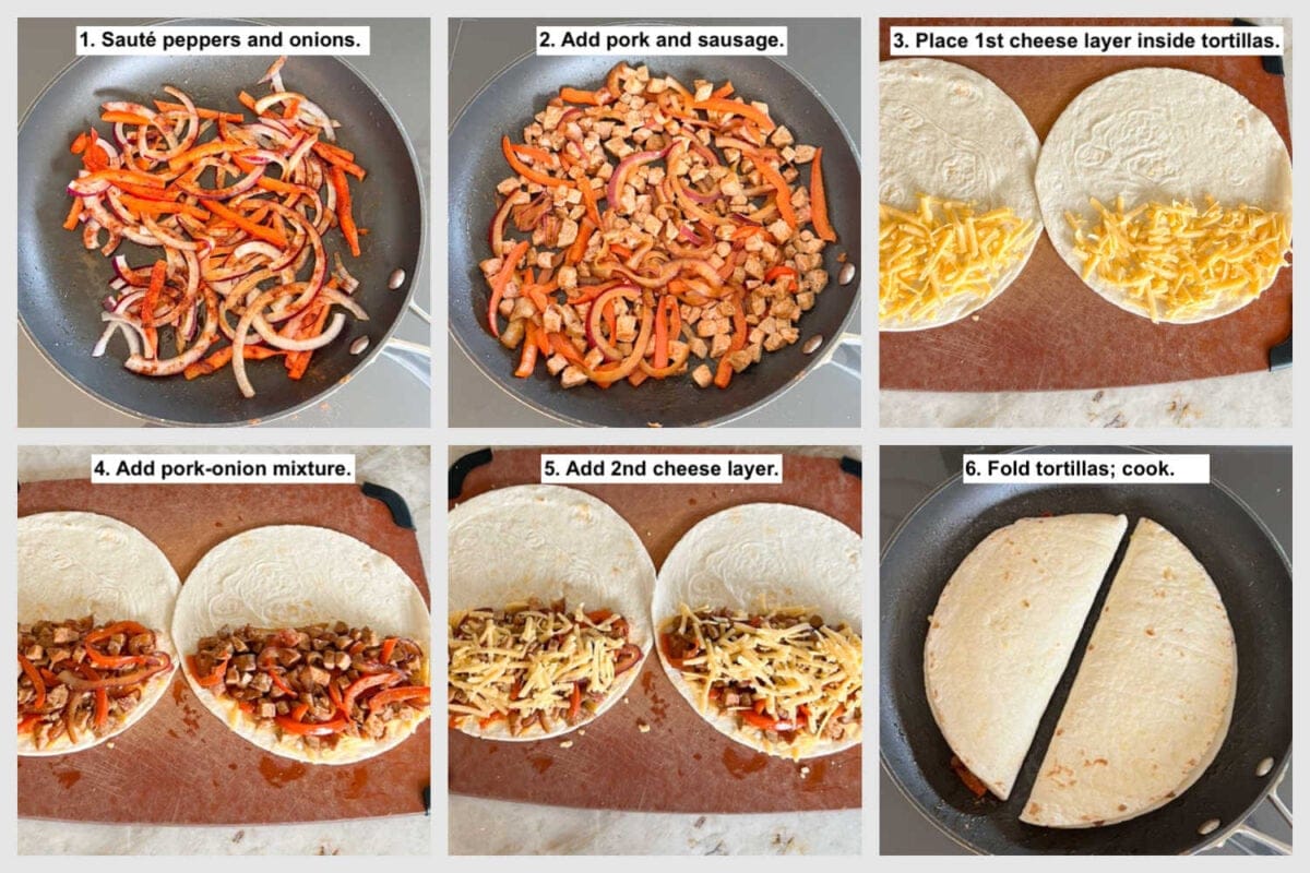 collage of 6 photos showing steps involved in making Leftover Pork Chop Quesadillas