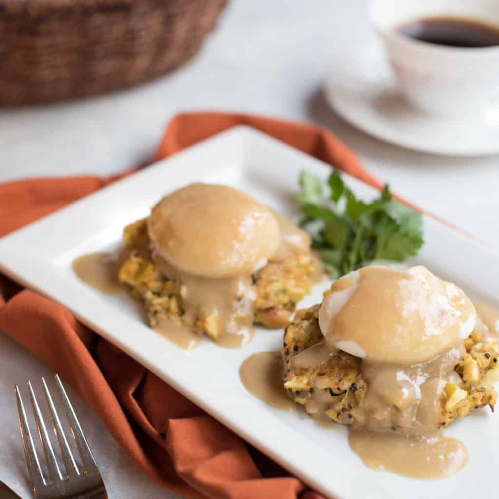 White platter with Leftover Thanksgiving Stuffing and Gravy Eggs Benedict