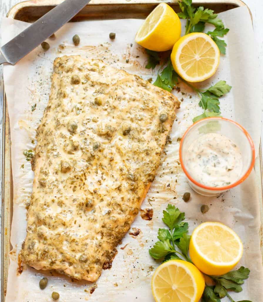 sheet pan with Busy Night Baked Lemon-Caper Salmon