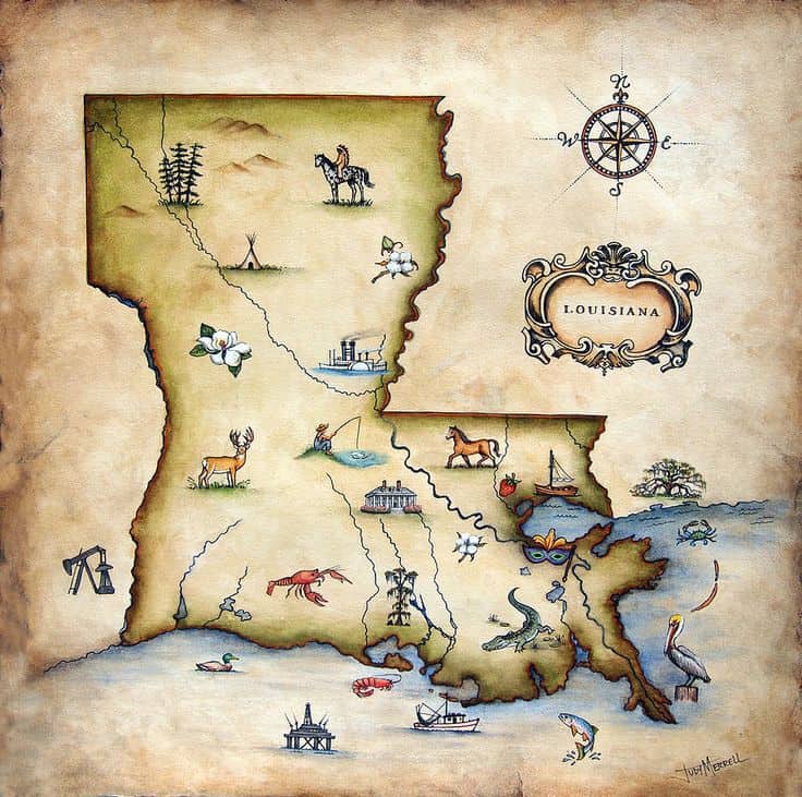 *Image credit Fine Art America, Louisiana Map Painting by Judy Merrell