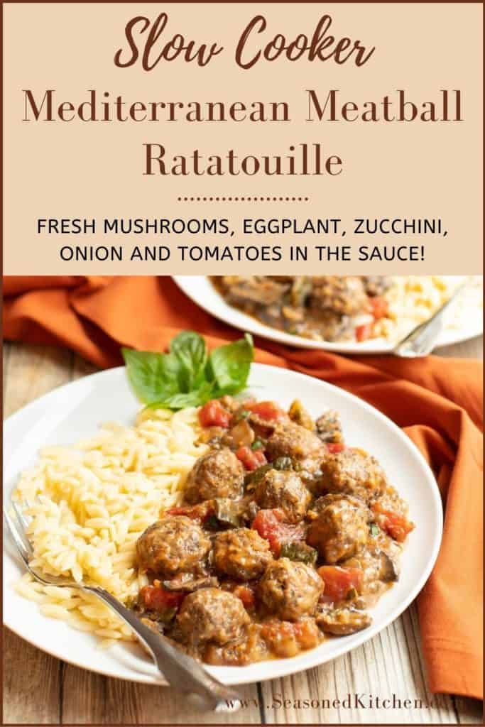 white plate filled with Slow Cooker Mediterranean Meatball Ratatouille, with cooked orzo on the side