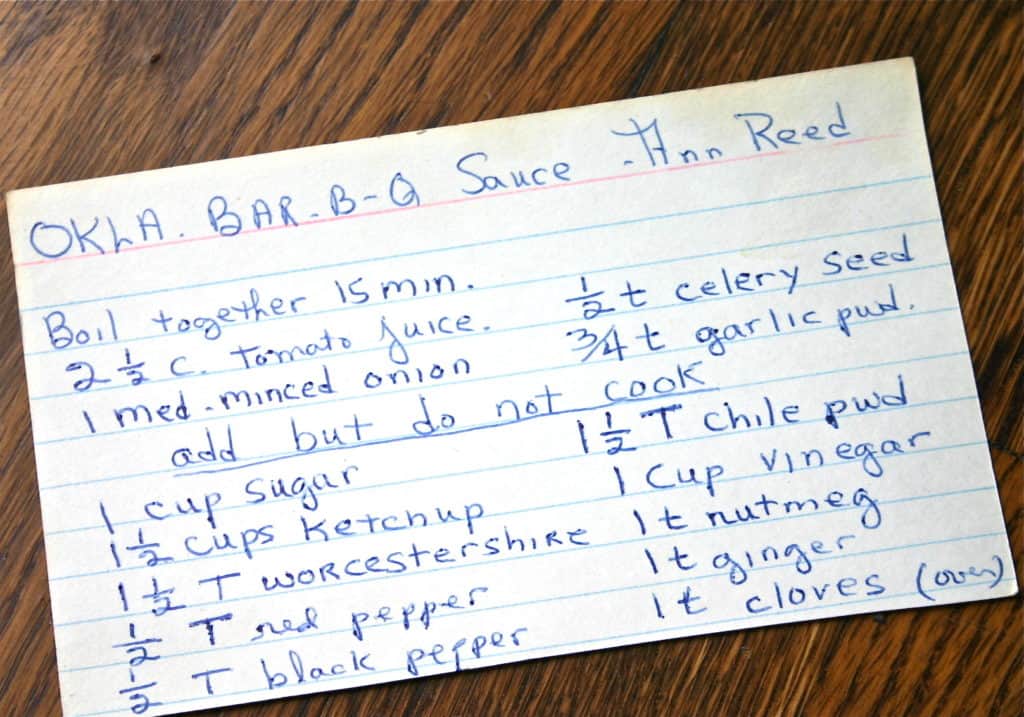 Original hand written card showing the recpe for Oklahoma BBQ Sauce