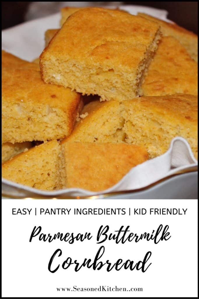 Bowl lined with a napkin holding slices of Buttermilk Cornbread, formatted for sharing on social media