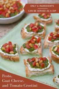 light green tray filled with Goat Cheese, Pesto and Tomato Crostini