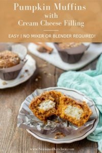 Pumpkin Cream Cheese Muffins with one broken open showing the filling