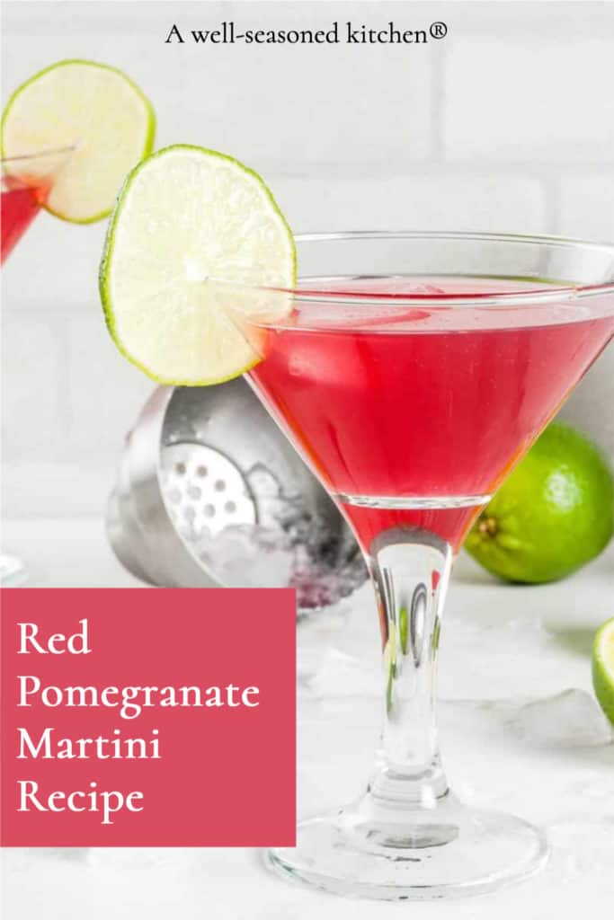 stemmed glass holding Red Pomegranate Martini, formatted for sharing on social media