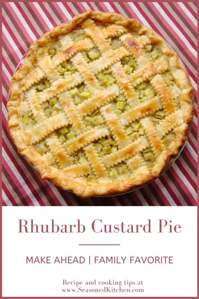 Overhead shot showing a Rhubarb Custard Pie with lattice top