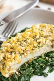 Roasted-cod-feta-lemon-dill-on-spinach-recipe-seasonedkitchen.com