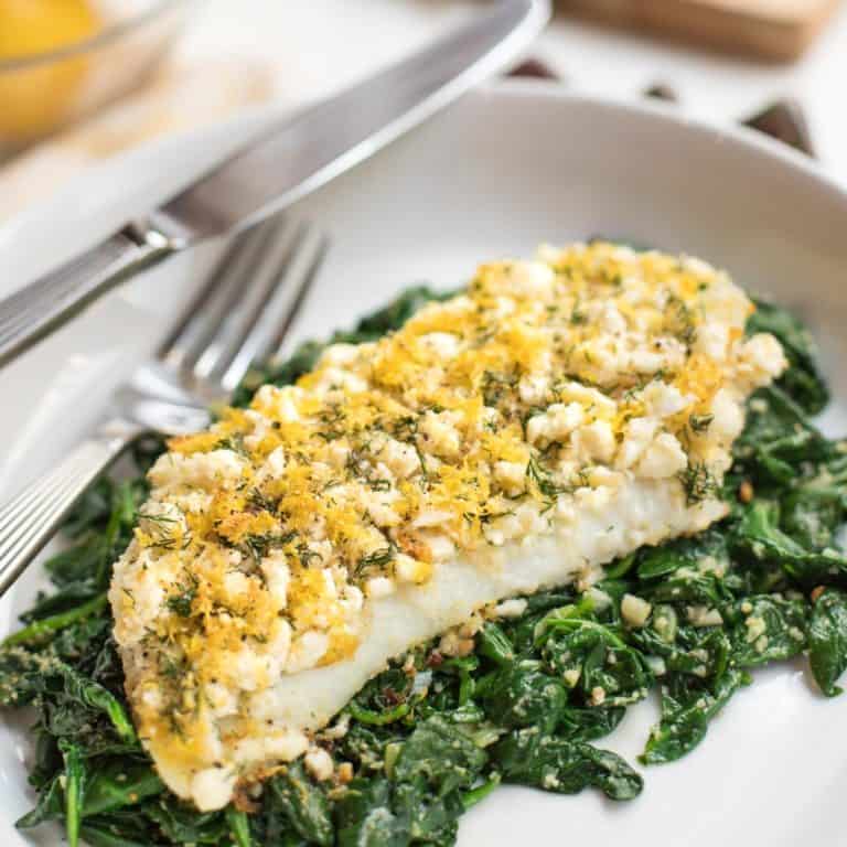 Roasted-cod-feta-lemon-dill-on-spinach-recipe-seasonedkitchen.com