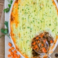 overhead shot of Shepherd's PIe, with a corner scooped out showing the filling