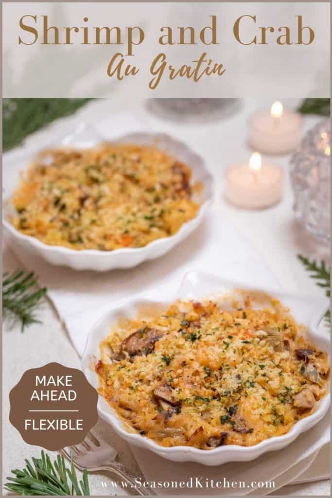 Photo of seafood gratin formatted for sharing on PInterest