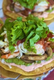 sauteed shrimp and vegetables atop crispy corn tortillas