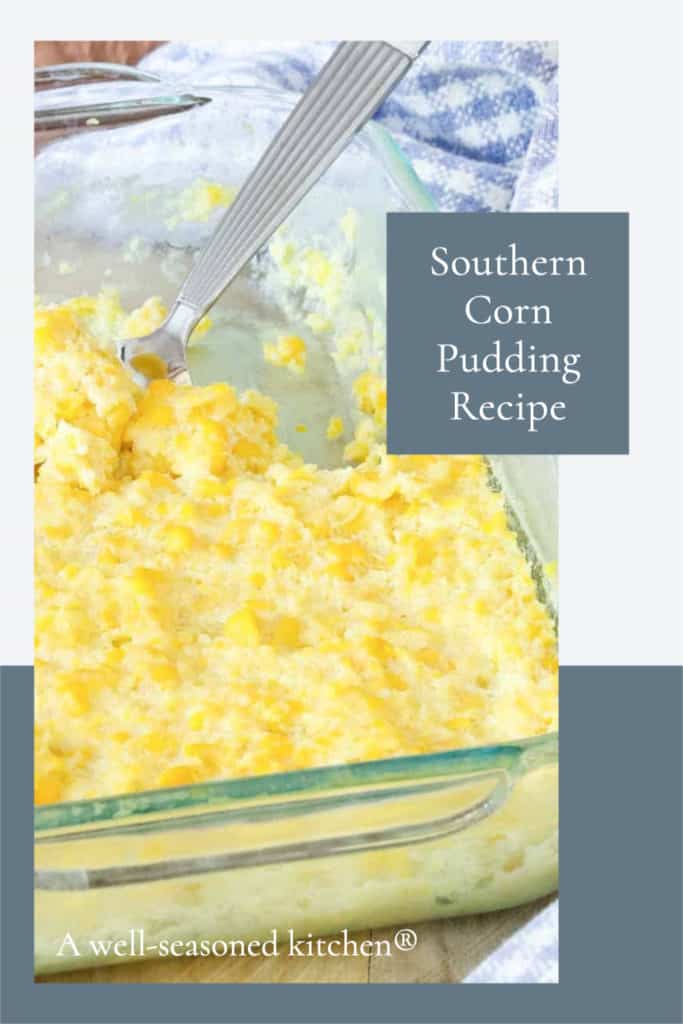 cooked corn pudding with a spoon, formatted for sharing