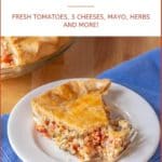 photo formatted for pinning to Pinterest. Piece of Southern Tomato Pie with text