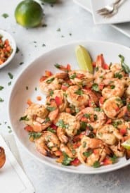 White bowl showing Spicy Southwestern Shrimp Appetizer