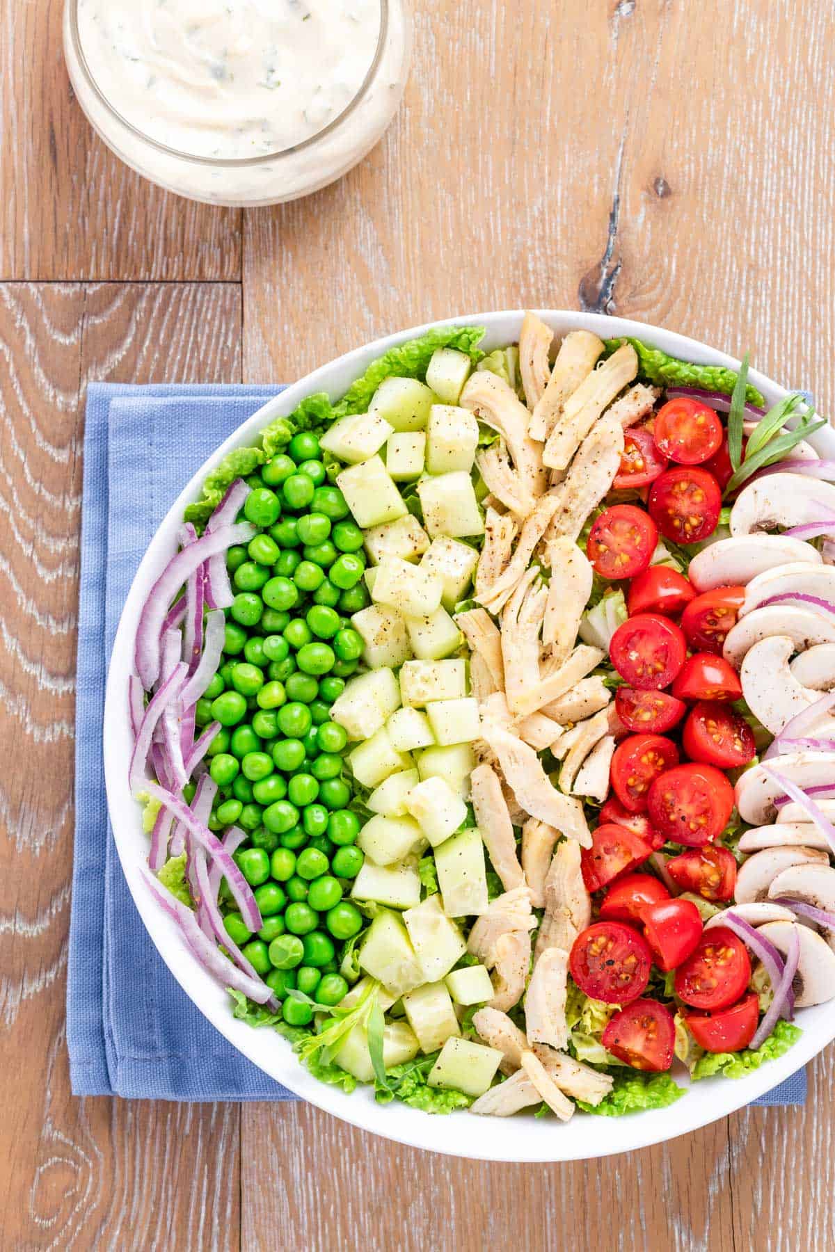 white bowl showing ingredients in Tarragon Chicken Salad in rows with dressing on the side.