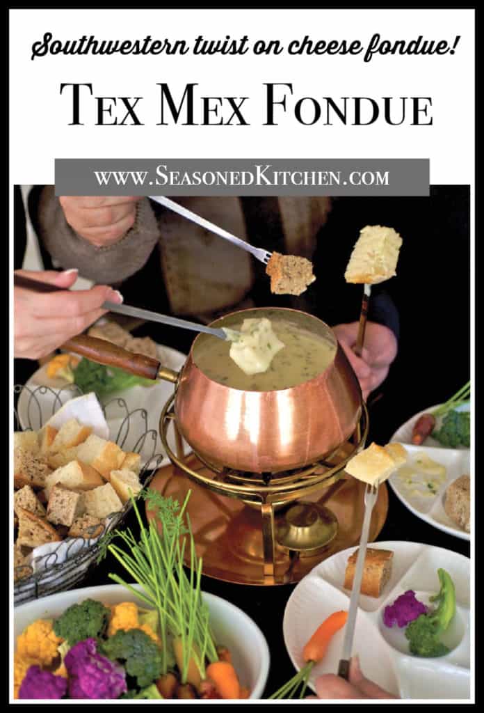 copper fondue pot holding tex mex cheese fondue, with 4 forks of bread with cheese dripping off