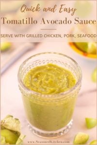 Photo of Tomatillo Avocado Sauce formatted for sharing on Pinterest