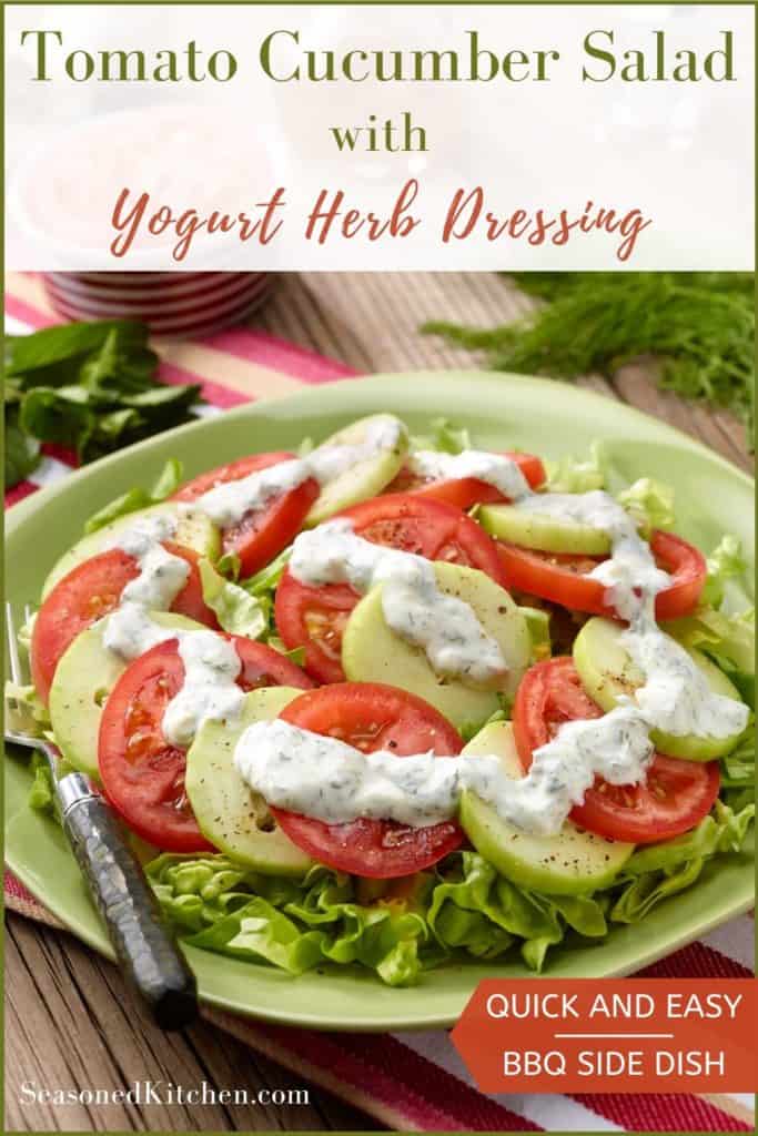 green round platter with Tomato Cucumber Salad and Yogurt Herb Dressing