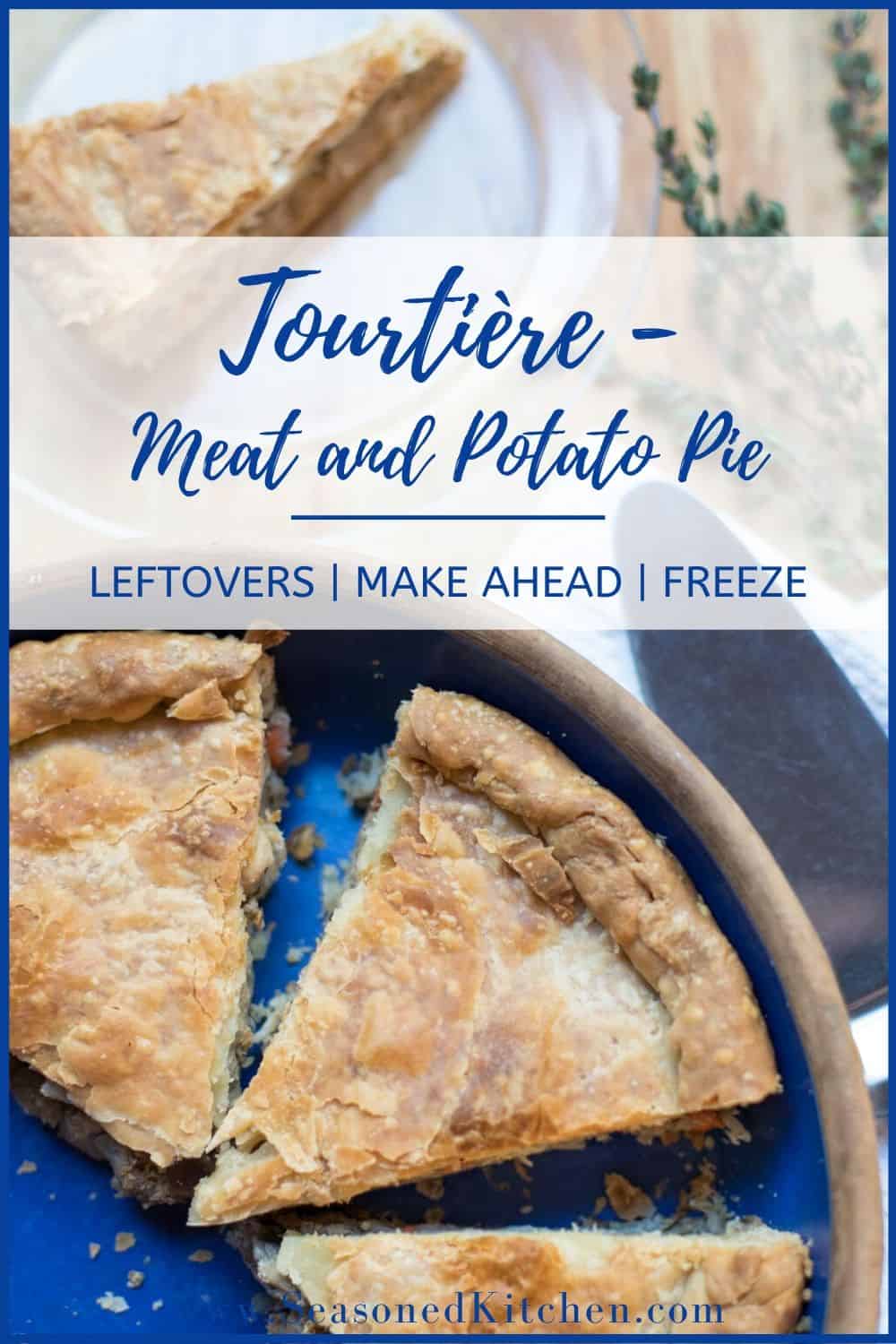slices of tourtiere, one on a plate and others in a blue pie dish