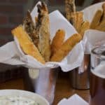 Silver cups filled with Veggie Fried, with a small bowl of Lemon Garlic Aioli on the side