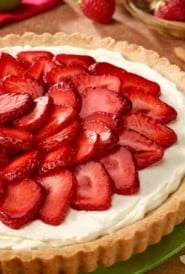 Round green plate with White Chocolate Lime Tart with Strawberries on top